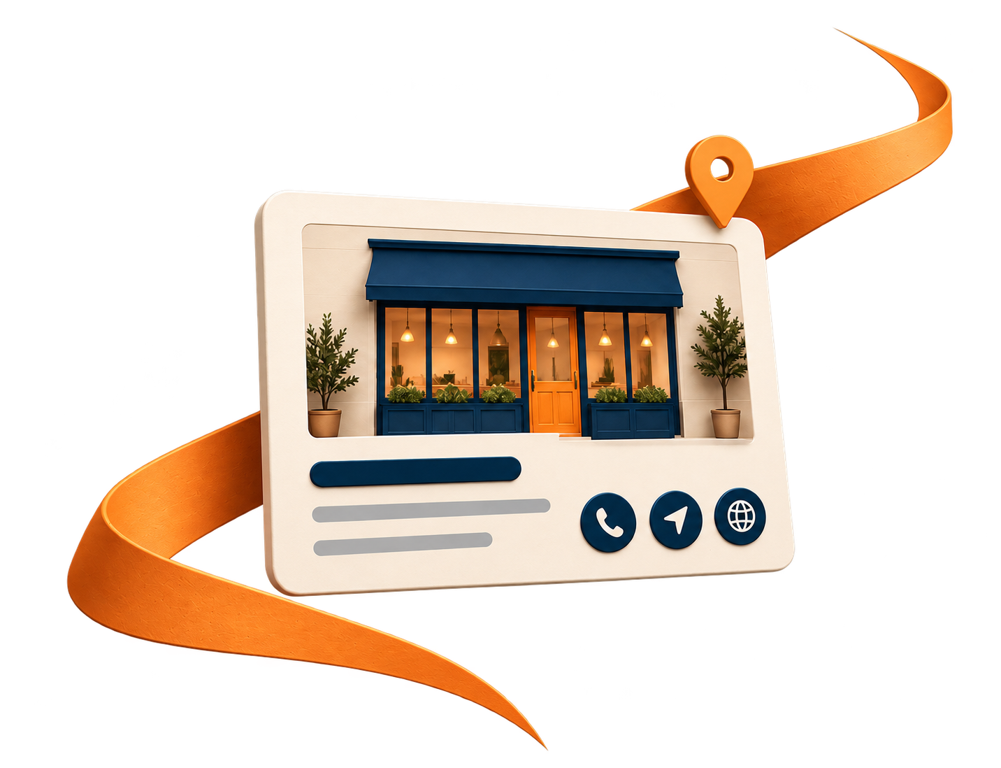 Business profile illustration with a storefront, location pin, and contact options.