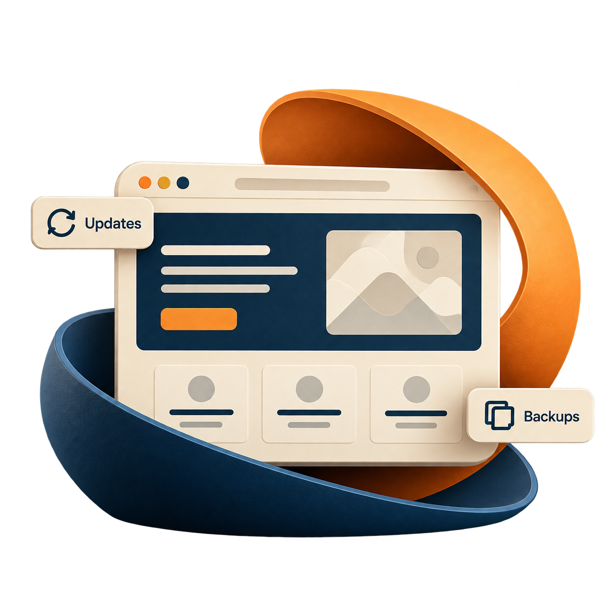 Website care illustration with a browser window, updates, and backups.