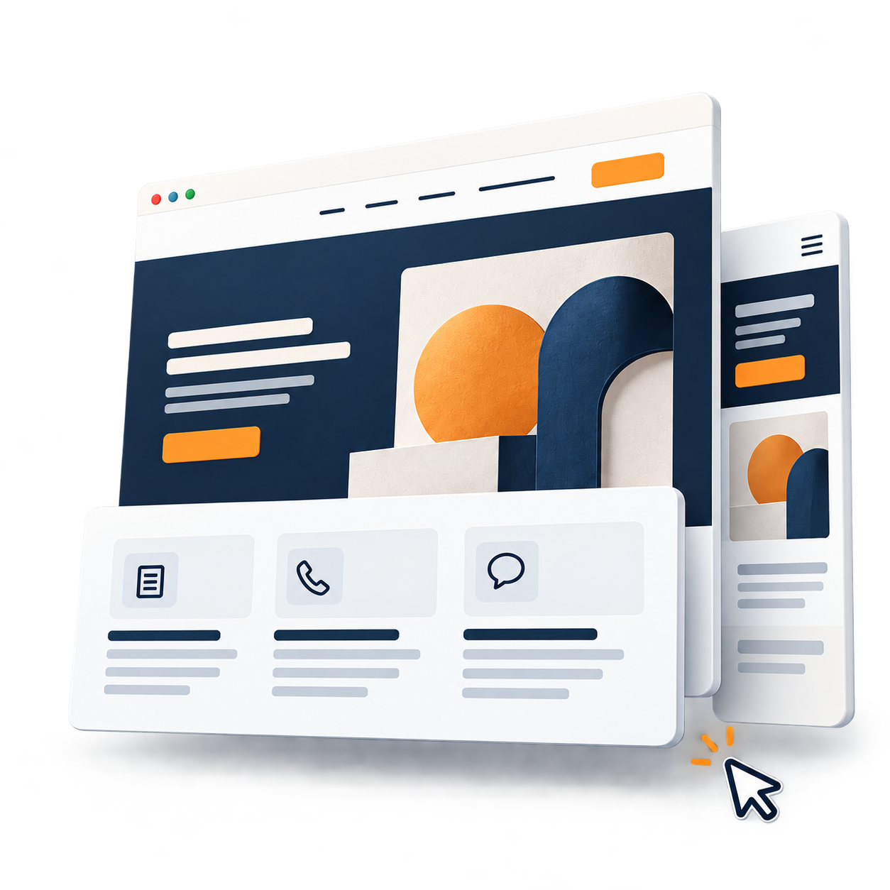 Abstract illustration of responsive website layouts with contact and quote features.