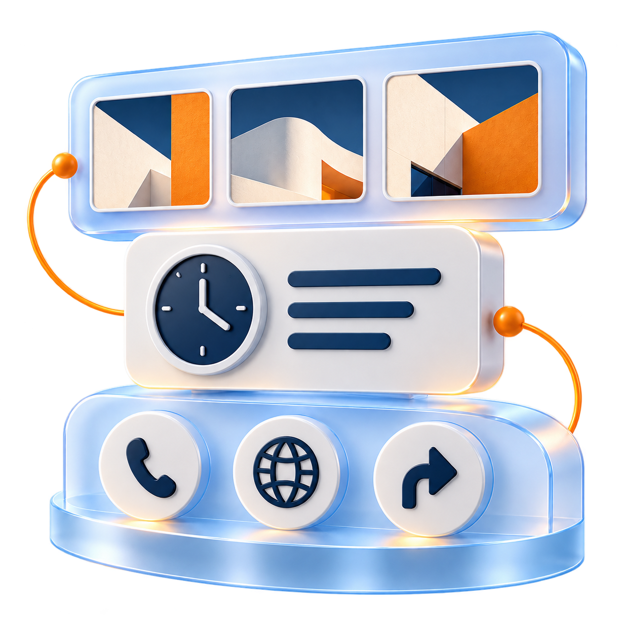 Concept illustration of business photos, opening hours, and customer contact options.