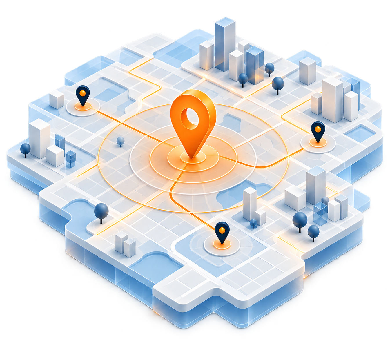 Conceptual map showing connected local service areas around an orange location pin.