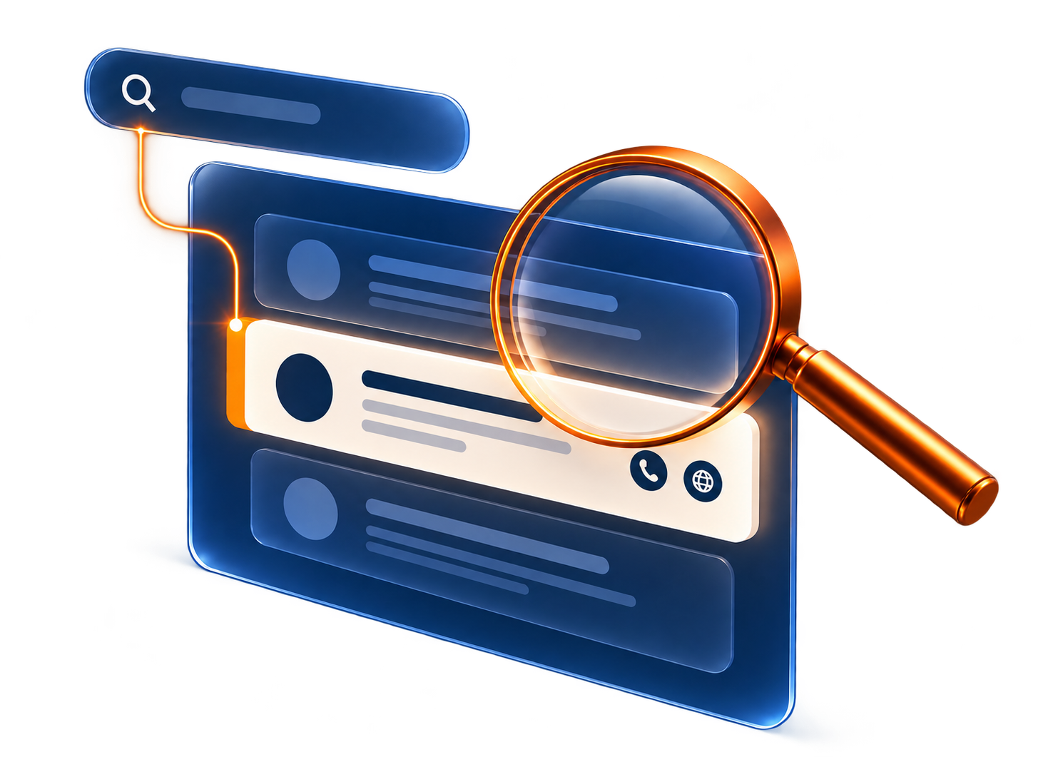 Illustration of a magnifying glass highlighting a business listing in search results.